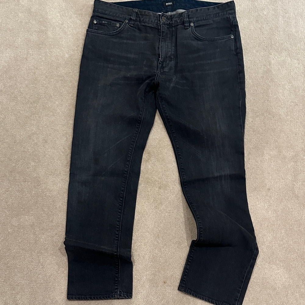 Boss Dark Black distressed Denim Straight Jeans 36/30